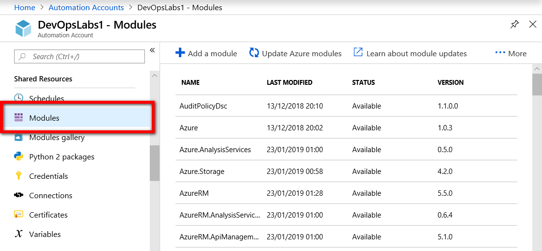 Screenshot of the Automation Accounts pane for the DevOpsLabs1 Automation Account. The Modules blade is highlighted to illustrate how to access a list of the resources contained within the DevOpsLabs1 Automation Account from the Automation Accounts pane.